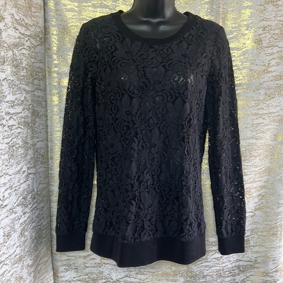 Theory Black Jaidyn Sheer Lace Long Sleeves Crew Neck Size S - Picture 5 of 13